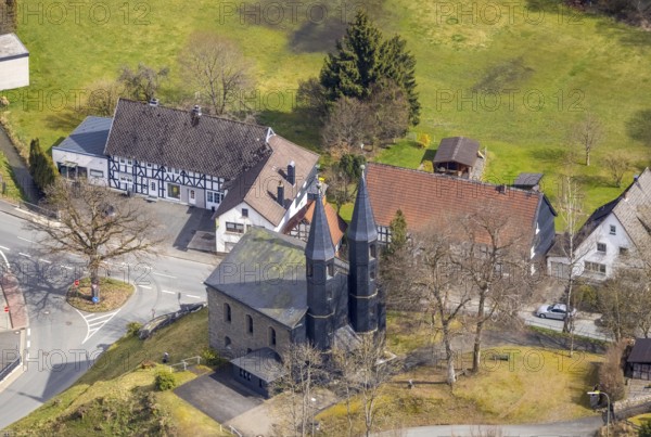 Aerial view, protestant church in Banfe, Bad Laasphe, Siegerland, North Rhine-Westphalia, Germany,