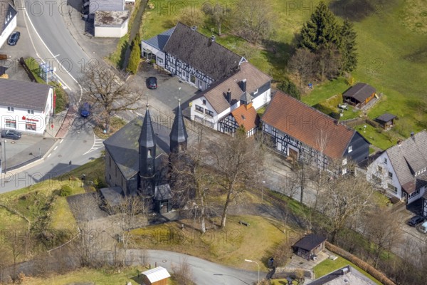Aerial photo, Protestant church in Banfe, Bad Laasphe, Siegerland, North Rhine-Westphalia, Germany,
