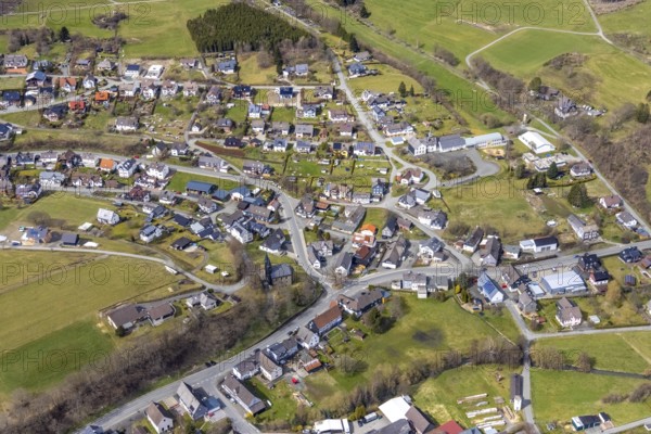 Aerial view, local view, Banfe Valley School and Protestant Church in Banfe, Bad Laasphe,