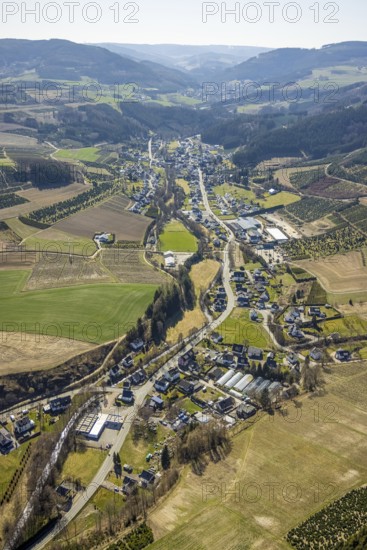 Aerial view, forest area and village view Heringhausen, Bestwig, Sauerland, North Rhine-Westphalia,
