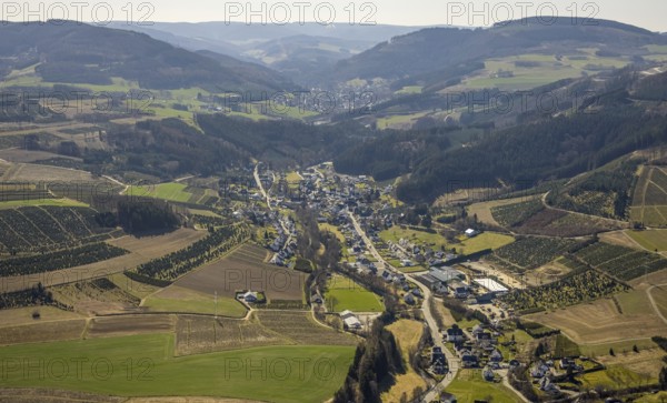 Aerial view, forest area and village view Heringhausen, Bestwig, Sauerland, North Rhine-Westphalia,