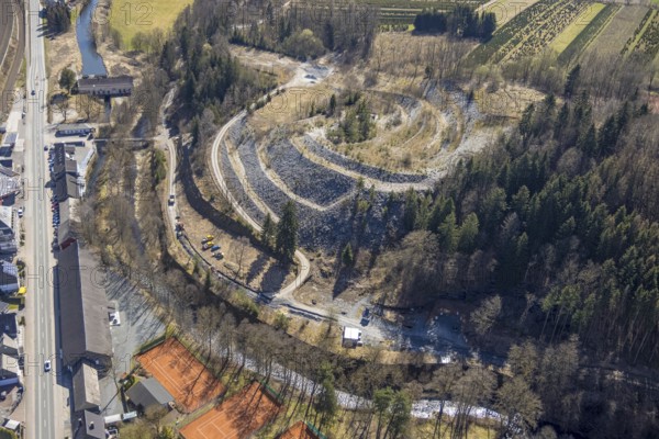 Aerial photo, slate mine Nuttlar, visitor mine slate mine Nuttlar, slag heap former Ostwig mine,