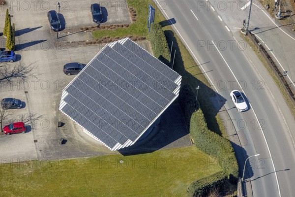 Aerial view, company building Ramspott GmbH, solar roof, Nuttlar, Bestwig, Sauerland, North