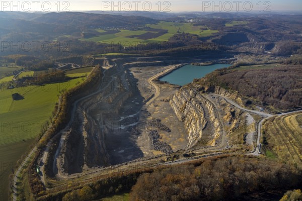 Aerial photograph, Asbeck quarry and the Blaue Lagune quarry lake in the Eisborn district of Balve,