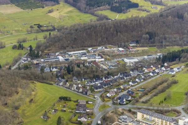 Aerial view, Kunster Weg railway station, Lindenstraße, Bad Laasphe, Siegerland, North