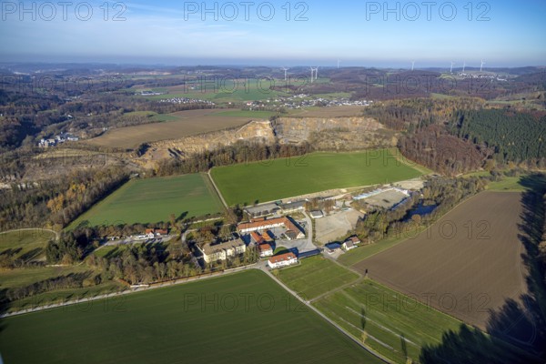 Aerial view, Wocklum Castle and Wocklum Riding Centre in the district of Beckum in Balve,