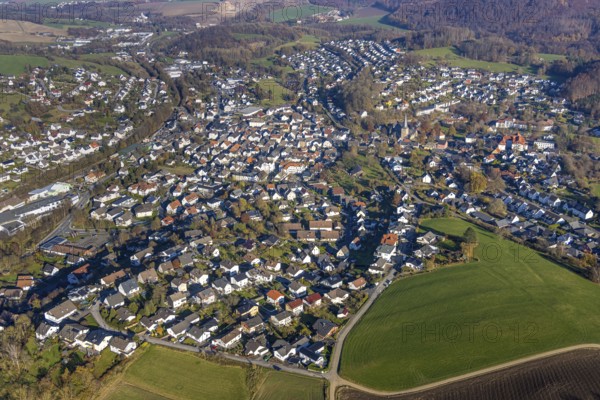Aerial view, view to the east with St. Blasius church in Balve, Sauerland, North Rhine-Westphalia,