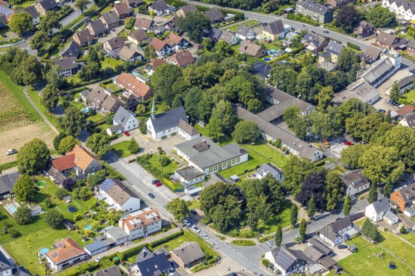 Aerial view, Church of the Resurrection and Martin Luther House in Weddinghofen, Bergkamen, Ruhr