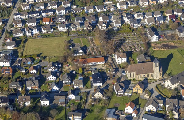 Aerial view, Kath. Church Heilige-Drei-Könige and cemetery Garbeck as well as kindergarten in the
