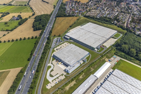 Aerial view, commercial area Lünener Straße at the motorway A2, Heldt Gebäudetechnik and DHL