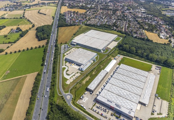 Aerial view, commercial area Lünener Straße at the motorway A2, Heldt Gebäudetechnik and DHL