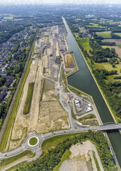 Aerial view, construction site for planned urban quarter Wasserstadt Aden with new roundabout on