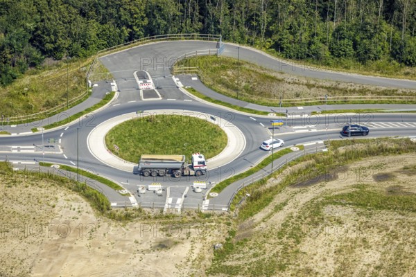 Aerial view, construction site and new roundabout at the Wasserstadt Aden in Oberaden, Bergkamen,