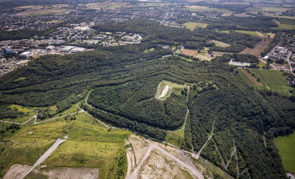 Aerial view, Großes Holz spoil tip with Adener Höhe and light column in Weddinghofen, Bergkamen,