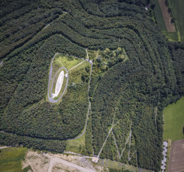 Aerial view, Großes Holz spoil tip with Adener Höhe and light column in Weddinghofen, Bergkamen,