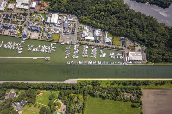 Aerial view, Yacht harbour Marina Rünthe in Bergkamen, Ruhr area, North Rhine-Westphalia, Germany,