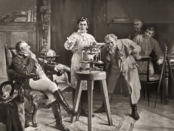 Joseph von Fraunhofer demonstrating the spectroscope, on left Joseph von Utzschneider, on right