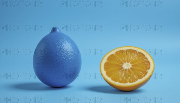 A vibrant image showcasing a blue lemon next to a half-cut orange, set against a bright blue