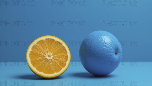 A sliced orange sits next to a blue painted orange, creating a striking color contrast against a