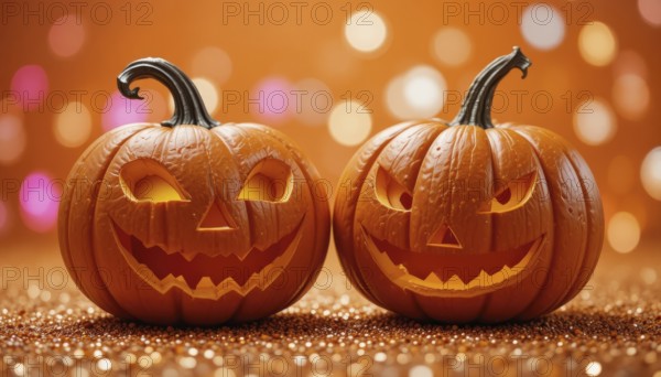 Close-up shot of two jack-o'-lanterns with carved faces, set against a blurred orange background