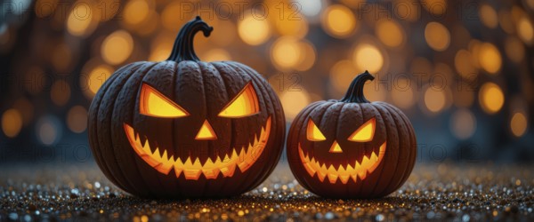 Two carved pumpkins with illuminated faces sit on a glittery surface, set against a blurred