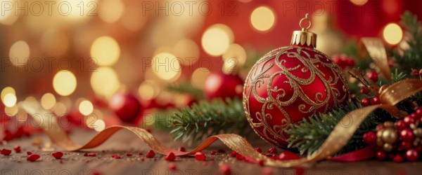 A close-up shot of a red Christmas ornament with gold embellishments, a golden ribbon, and festive