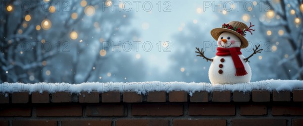 A cheerful snowman with a hat and scarf stands atop a brick wall, set against a snowy, bokeh-filled