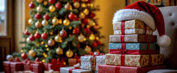 A festive scene with a stack of wrapped presents and a Santa hat, next to a decorated Christmas