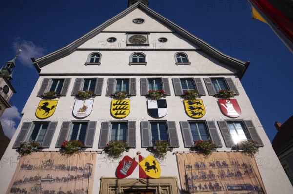 Historical depiction of a folk festival procession, at the town hall, coat of arms, Bad Cannstatt,