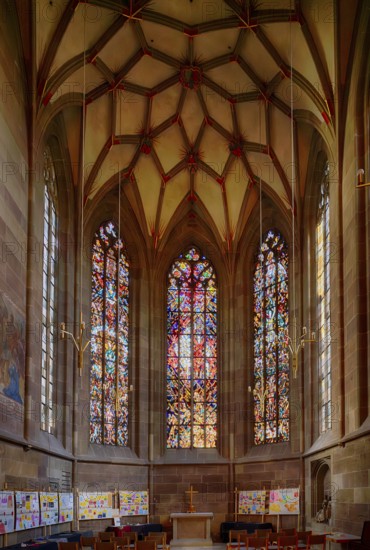 Interior view, choir, altar, stained glass window, Evangelische Stadtkirche, Bad Cannstatt,
