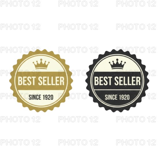 Two best seller badges, one gold and one black, each featuring a crown and text indicating 'Best