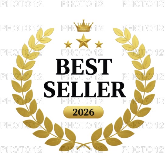 This image features a 'Best Seller' emblem with a laurel wreath, stars, and a crown, symbolizing