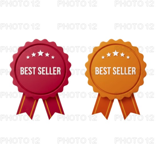 Two colorful best seller badges with ribbons and stars, perfect for highlighting top products or