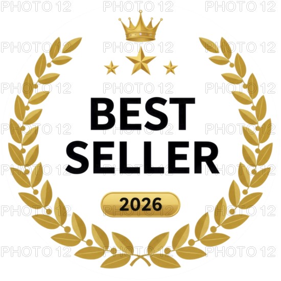 This image features a best seller badge with a golden crown, stars, and laurel wreath, indicating