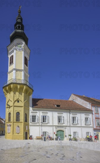 Water features at the town hall tower on the main square, Bad Radkersburg, Styria, Austria