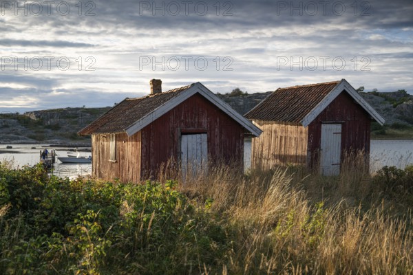 Falun red or Swedish red boathouses, Resö Island, Bohuslän, Skagerrak, Sotenäs, Västra Götalands