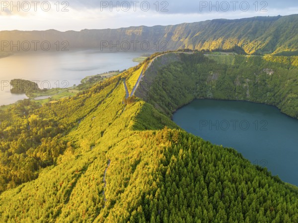 Lake Santiago and Blue Lake. Sete Cidades Caldera at Sunset. Lush Green Hills with Trees. Azores,