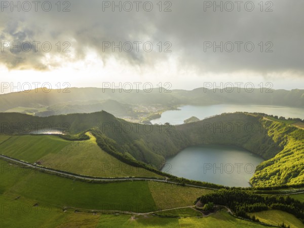 Sete Cidades Caldera at Sunset. Blue Lake and Santiago Lake. Azores, Sao Miguel Island. Portugal.