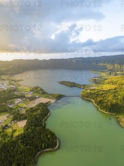 Sete Cidades Caldera at Sunset. Blue Lake and Green Lake. Azores, Sao Miguel Island. Portugal.