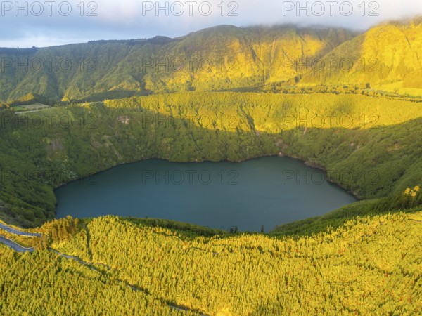 Lake Santiago. Sete Cidades Caldera at Sunset. Lush Green Hills. Azores, Sao Miguel Island.