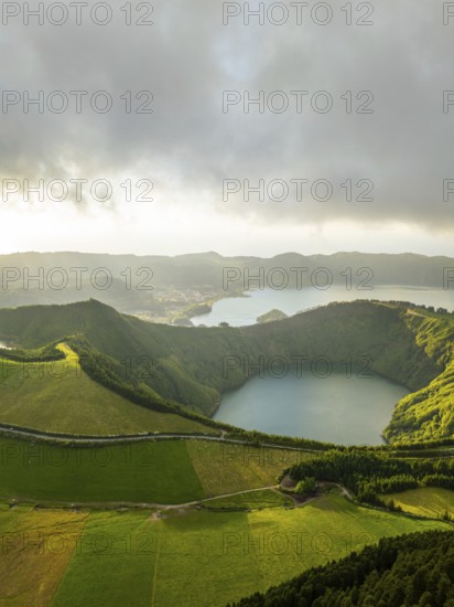 Sete Cidades Caldera. Blue Lake and Santiago Lake. Azores, Sao Miguel Island. Portugal. Clouds and