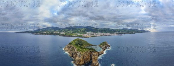 Horizontal Panorama of Vila Franca Islet, Vila Franca Do Campo Town, Dramatic Sky and Atlantic