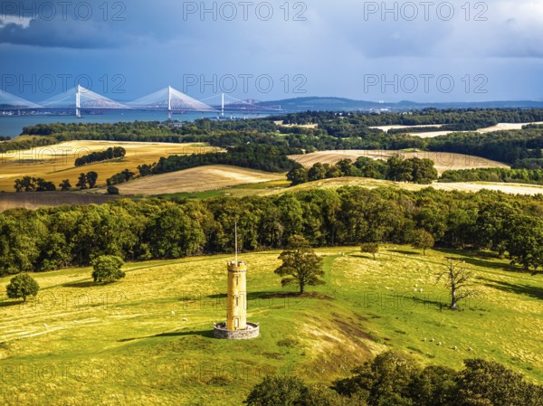 Binns Tower over Scotish farms and Forth Estuary from drone, House of the Binns, Linlithgow,