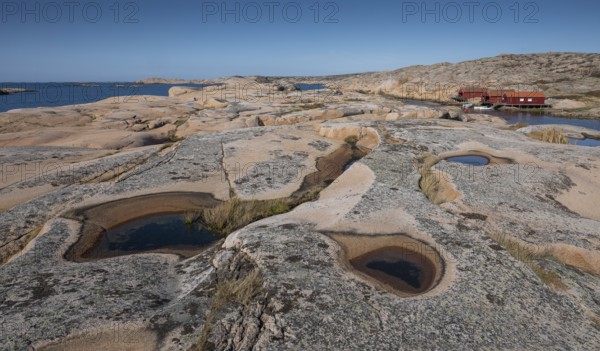 Rocks with rainwater puddles, falun red houses, rocky coast, Bohus granite, Ramsvik, nature reserve