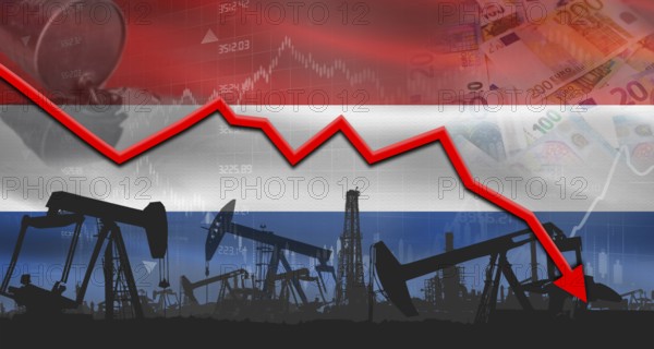 Fall oil price with flag of Netherlands on economic chart, Petrol crisis with Netherlands flag on