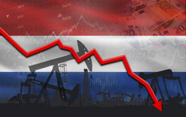 Petroleum crisis with Netherlands flag on financial graph. Fall oil price with flag of Netherlands