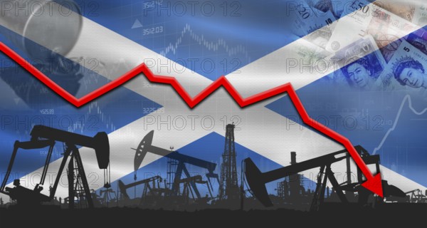 Fall oil price with flag of Scotland on economic chart, Petrol crisis with Scotland flag on