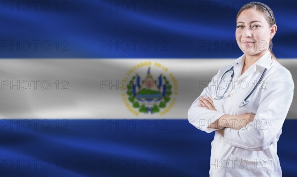 Female doctor on El Salvador flag. Doctor with crossed arms on El Salvador flag. El Salvador health