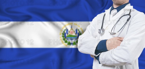 El Salvador healthcare concept. Male doctor on El Salvador flag. Doctor with crossed arms on El
