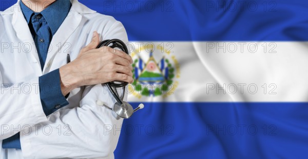 El Salvador healthcare concept. Doctor with stethoscope on El Salvador flag. Doctor holding